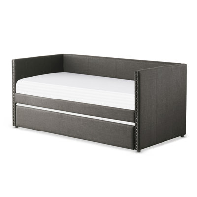Fabric Upholstered 1Pc Day Bed With Pull-Out Trundle Nailhead Trim Wood Frame Furniture