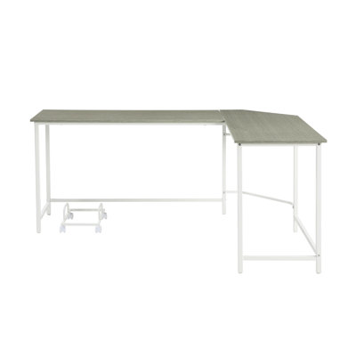 Bureau d'ordinateur d'angle rectangulaire en forme de L, gris et blanc, avec bord biseauté pour un gain de place, support sur roulettes.