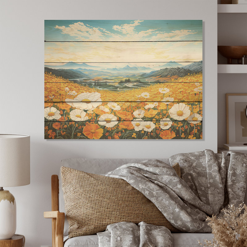 Jaune souci jaune dans un paysage de montagne - fleurs, art mural sur bois de pin naturel, H 30 po x l 40 po