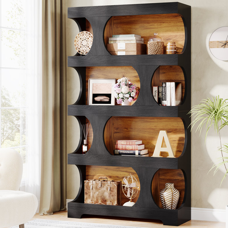 71" Tall Bookcase, 4-Tier S-Shaped Bookshelf, Black/Natural