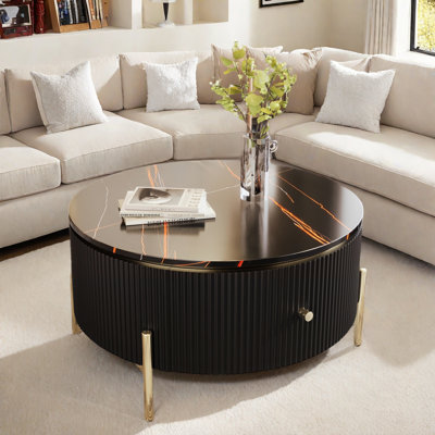 Table basse ronde moderne avec 2 tiroirs, motif en marbre exquis, pieds dorés et motif cannelé