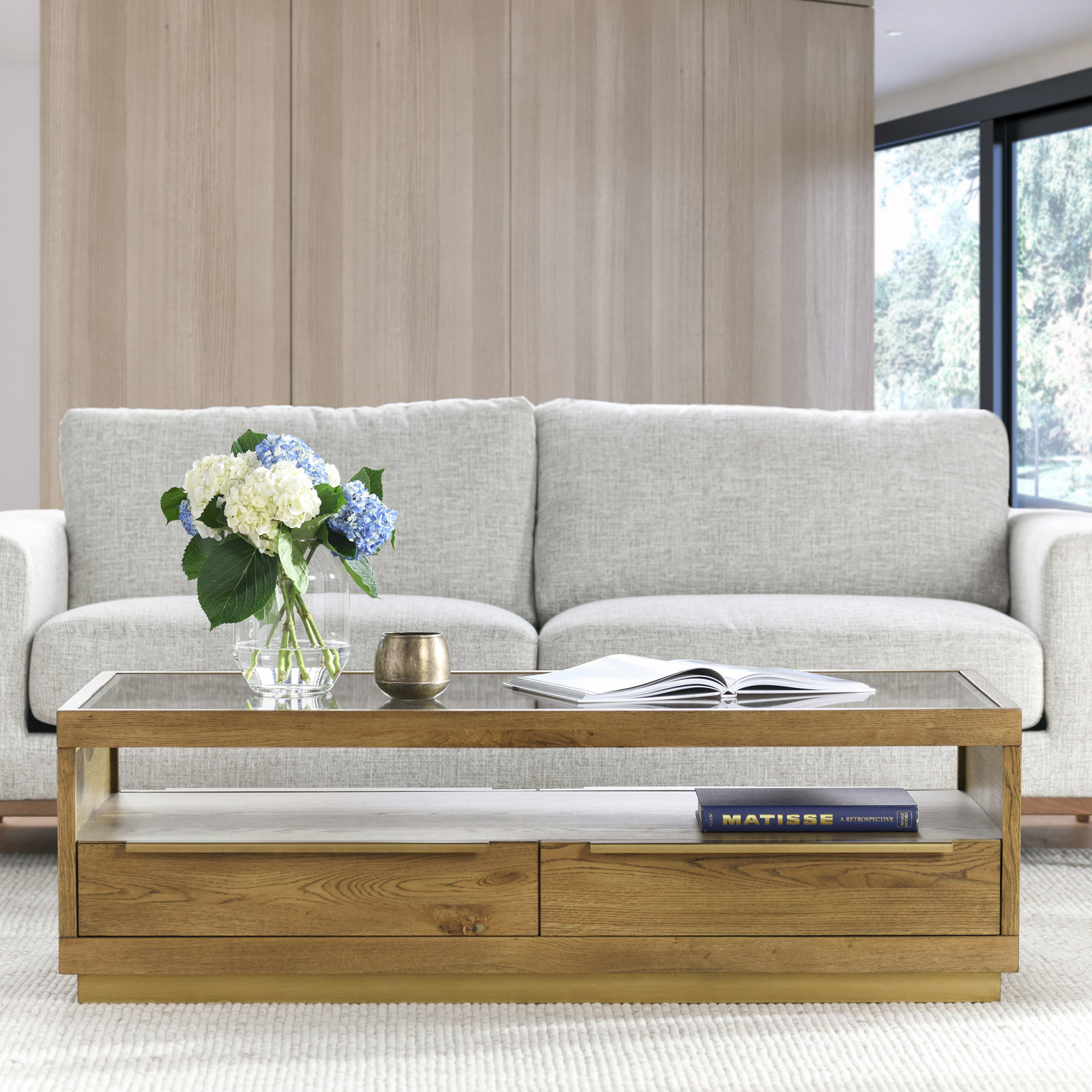 Fallbook Glass Top Coffee Table with Drawers