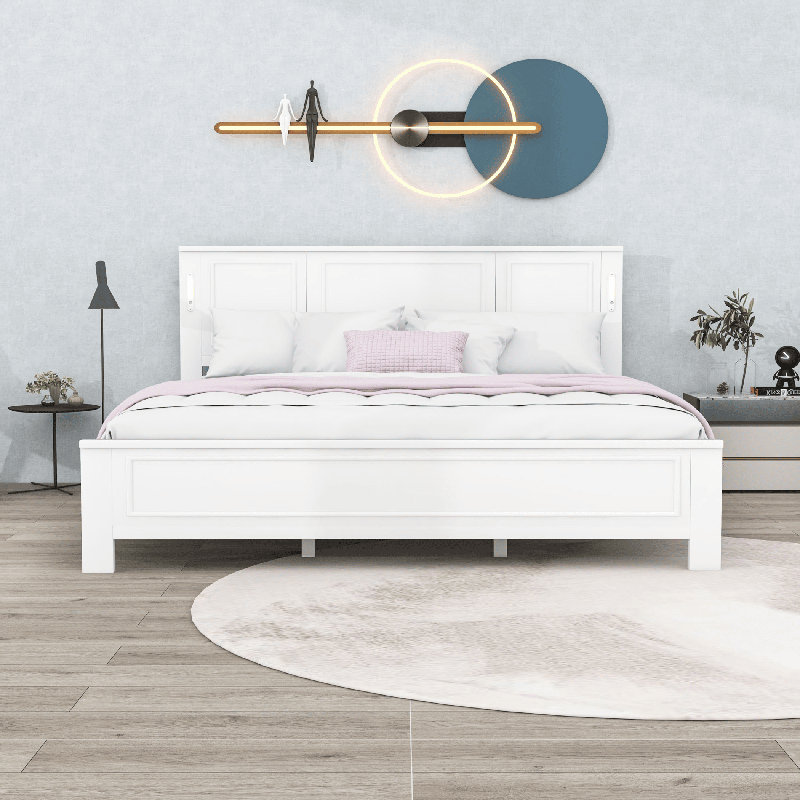 Lit plateforme avec tête de lit, éclairage à DEL intégré et station de charge USB, White, King