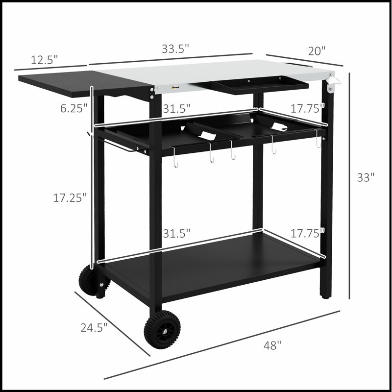 Outsunny Outdoor Bar Cart with Stainless Steel Tabletop, Kitchen Island with Wheels, 2 Tiers & Seasoning Shelf, Patio Serving Cart with Hooks, Towel & Garbage Bag Holder, Plates & Spice Jars
