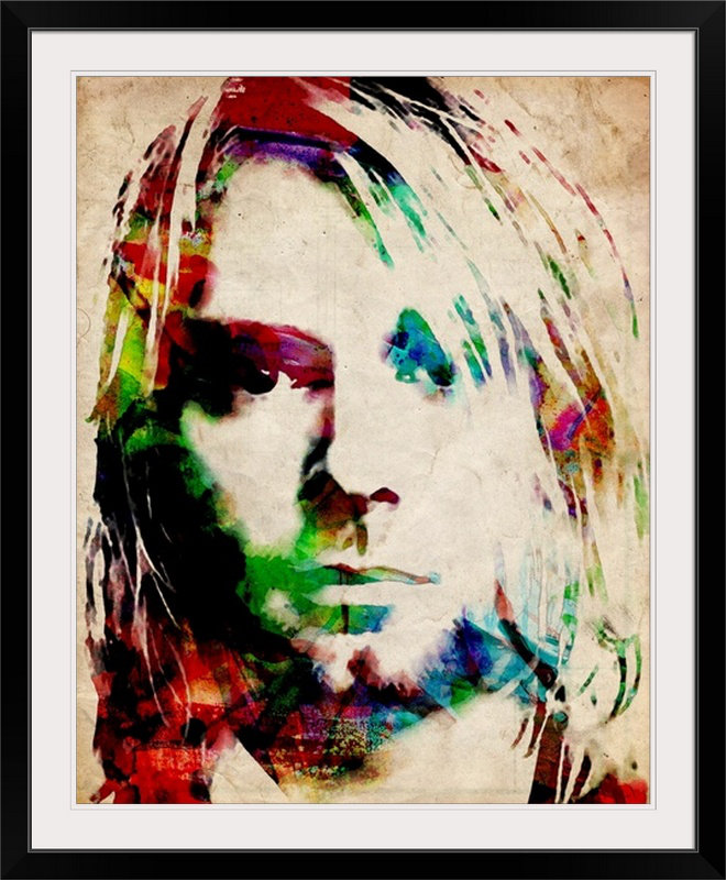 «Kurt Cobain Urban Watercolor» par Michael Tompsett, impression, H 23 po x l 20 po x P 1 po, Cadre noir