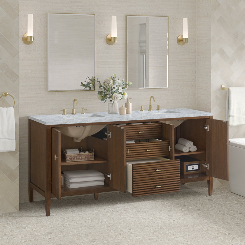 Myrrin 72'' W Double Vanity, Mid-Century Walnut, Carrara White, 8" Widespread