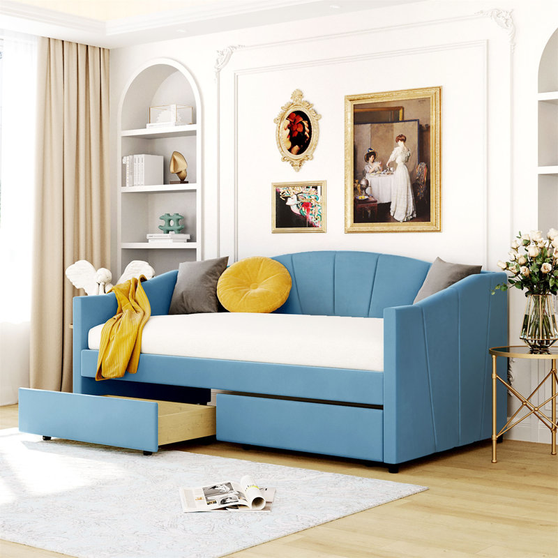 Kacy Upholstered Daybed with Trundle, Sofa Bed, Blue, Twin 1
