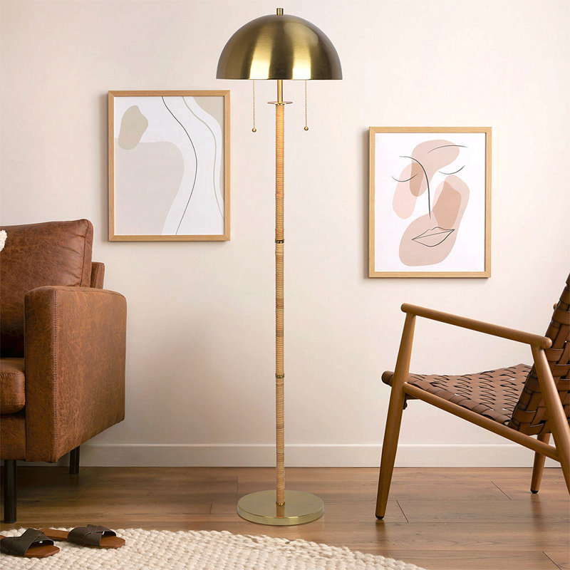 Lampe sur pied 2 lumières Allure, laiton doré, tube en rotin naturel, double chaîne marche / arrêt