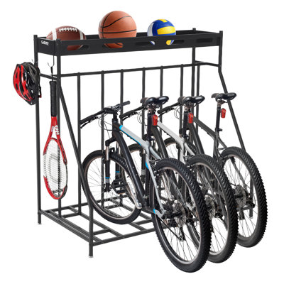 Support de rangement autoportant pour 4 vélos avec panier, fente réglable pour pneu de 1,5 à 4 po, support à vélo sans perceuse en métal pour le garage