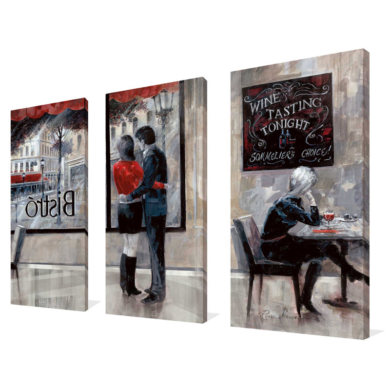 Bistro Romance - Ensemble de 3 peintures sur toile tendue, H 24 po x l 36 po x P 0,75 po
