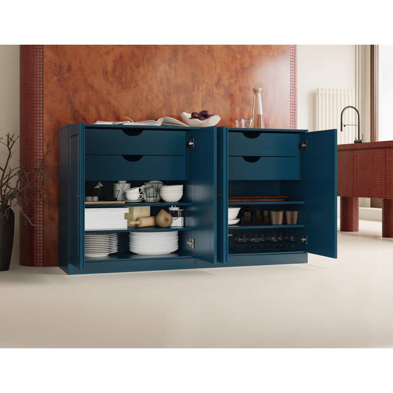 Buffet 100% bois massif 64 po avec portes solides, 4 tiroirs et tablettes réglables, Sarcelle
