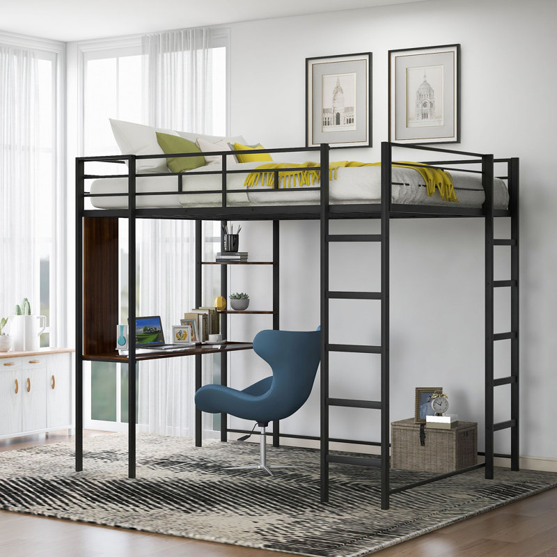 Lit mezzanine double en métal avec 2 tablettes et un bureau, Noir