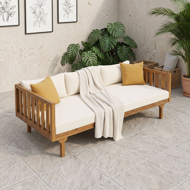 Lit de jour d'extérieur en bois d'acacia avec lambris et coussins, canapé de patio 3 places, TeakBeige