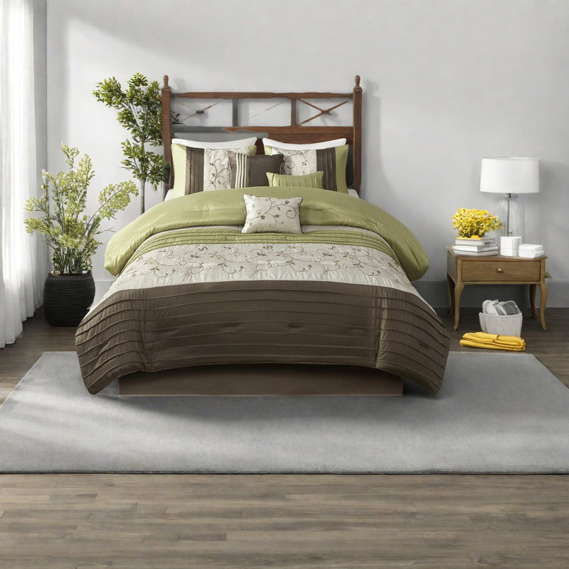 Green Embroidered Bedding Set, Polyester, Transitional Style For Home