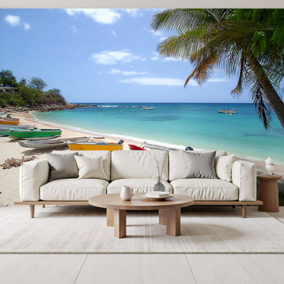 Peel and Stick Wallpaper Puerto Rico Beach Boats Horizontal Wall Murals 69"H x 96"W Removable PVC Wall Paper Self-Adhesive Wall Paintings Art Decor for Bedroom Living Room