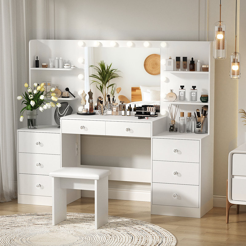 Greyden Zeibak Large Makeup Vanity With 8 Drawers, 14 Lighted Bulbs And Spacious Storage Space, White