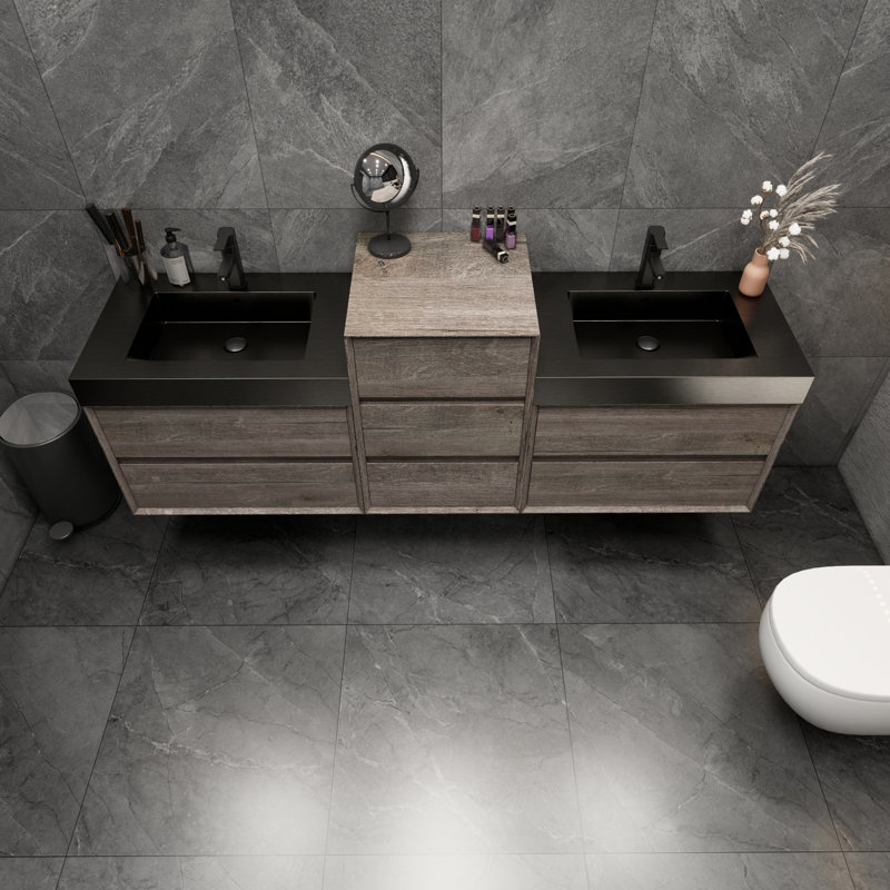 Golitz 79'' Double Bathroom Vanity with Stainless Steel Top, Oak