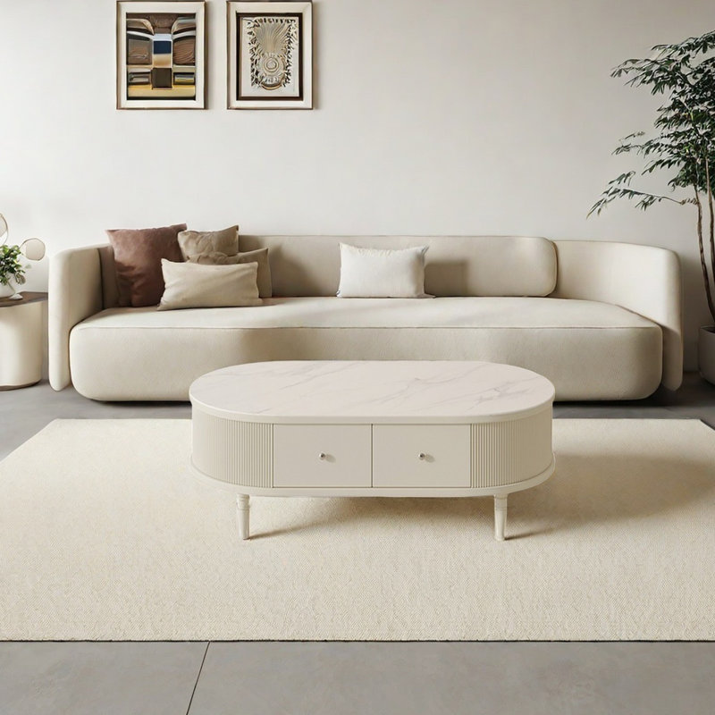 Table basse en bois de style français, H 16,53 po x L 47,24 po x l 23,62 po, Blanc