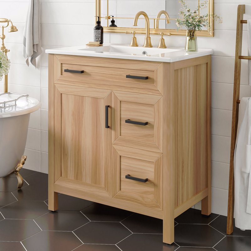 Meuble-lavabo en bois 30 po, structure en bois massif, 1 porte à fermeture en douceur + 2 tiroirs à fermeture en douceur, tablette réglable