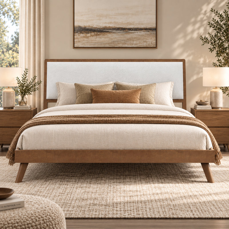 Lit plateforme Renwick King style Mid-Century en bois massif avec tête de lit bouclée et pieds fuselés, Très grand lit, Noyer