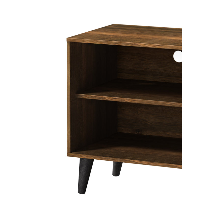 Brown Tv Stand For 50 - 59 Inch Tvs, With 2 Shelves & 1 Cabinet. Modern Entertainment Center In Living Room. Functional Open Shelf Electronic Devices. Hidden Storage Compartment. Mid-Century Style.