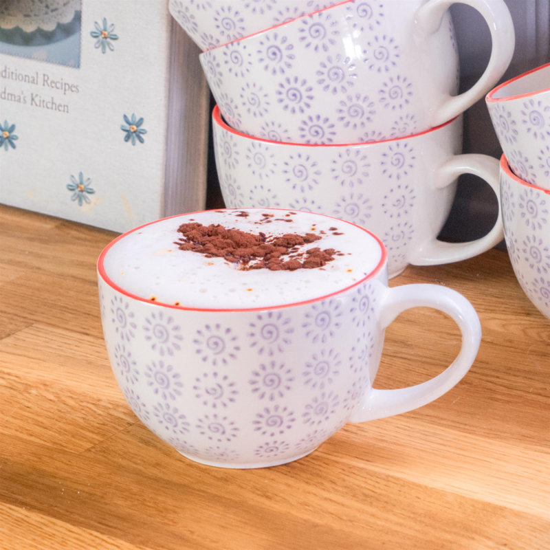 Nicola Spring - Hand-Printed Cappuccino Cups - 250ml, White/Purple/Red