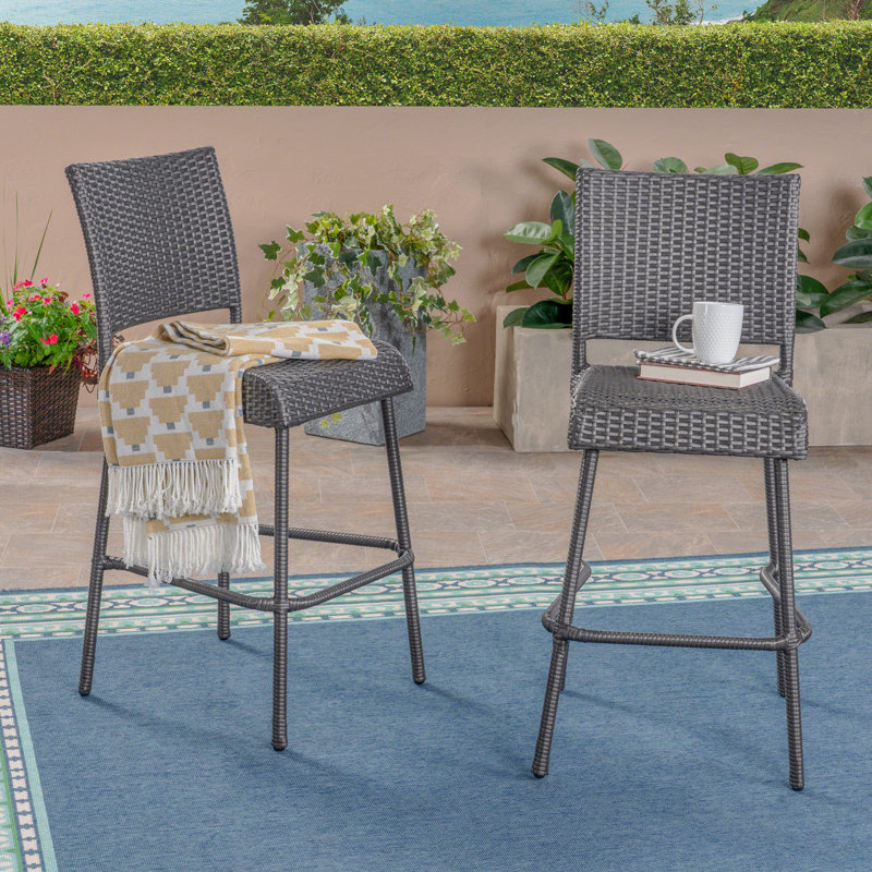 Set Of 2 Outdoor Patio Barstools, 29" Outdoors PE Rattan Armless, Gray
