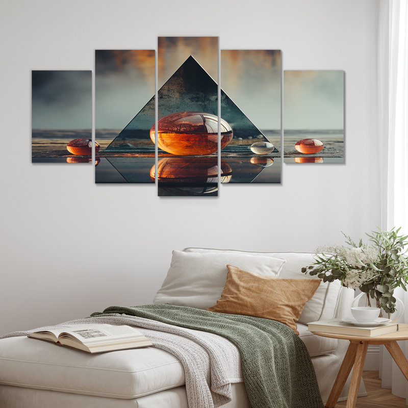 «Minimalist Triangle Essence II», art mural en pierre spirituel pour le salon, 5 pièces, H 32 po x l 60 po