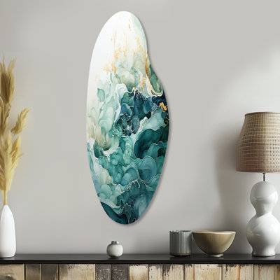 «Teal Gold Minimalisme Serenity In Motion» - art mural asymétrique en métal pour le salon, impression sarcelle incurvée en métal