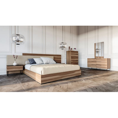 Eurika Italian Modern Walnut & Fabric Bed + 2 Nightstands + Dresser Set