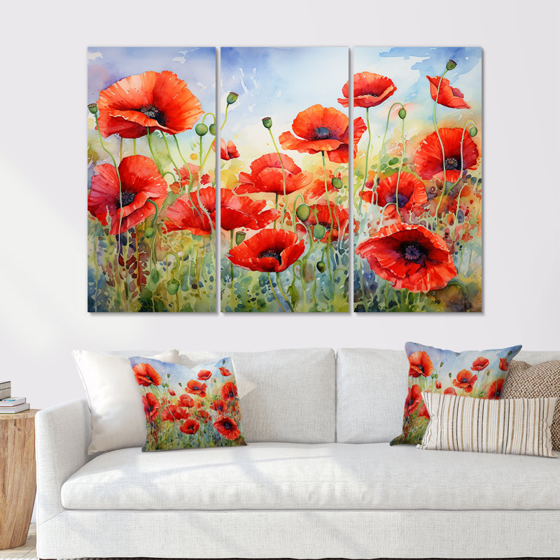 Radiant Red Poppies Pulse I - ensemble d'art mural sur toile coquelicots, Toile tendue, H 40 po x l 60 po x P 1 po