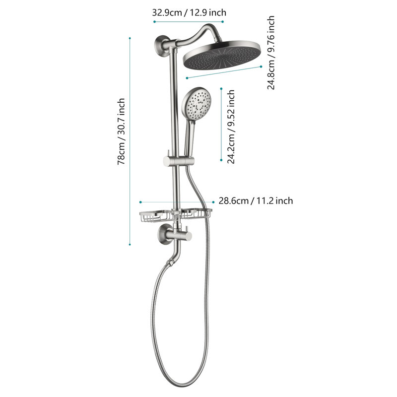 Ensemble de douche avec pomme de douche à effet pluie naturelle de 10 po, douche à 4 poignées, barre coulissante réglable et porte-savon en barre de douche en nickel brossé, salle de bain