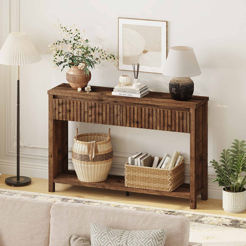 Console à 2 niveaux avec tiroirs Aust 47,36 po Aust, canapé en bois pour le salon, l'entrée, le couloir, Chêne rustique