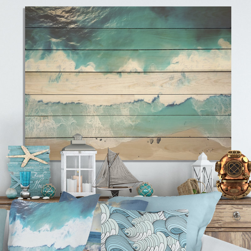 Vagues blanches et bleues, vue aérienne IV - plage sur bois, H 34 po x l 44 po