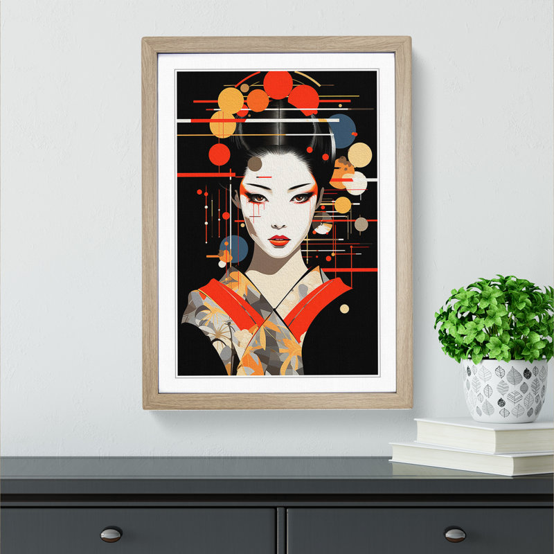 Geisha Constructivism - Single Picture Frame Print on Wood, Oak Framed, 46cm H x 34cm W
