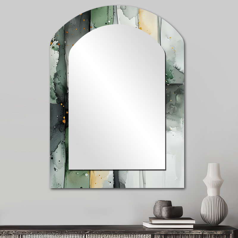 Gold Green Ethereal Optical Currents II - Fauvism Arch Wall Mirror, Green Asymmetrical Decorative Mirror, Printed Metal Art