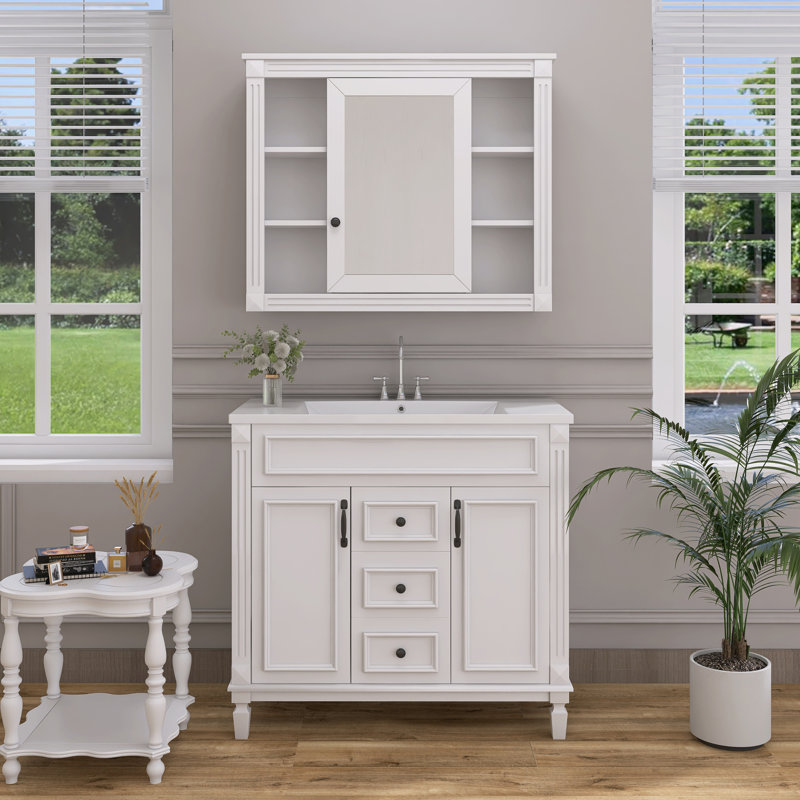 Meuble-lavabo simple avec plateau en céramique Shaianna, Blanc