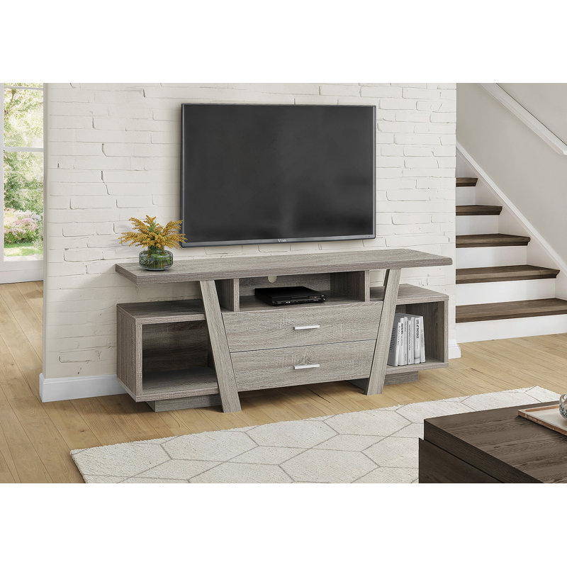 Meuble télé polyvalent avec tiroirs de rangement et tablettes ouvertes, convenant au salon, à la chambre à coucher et aux espaces de divertissement multimédia