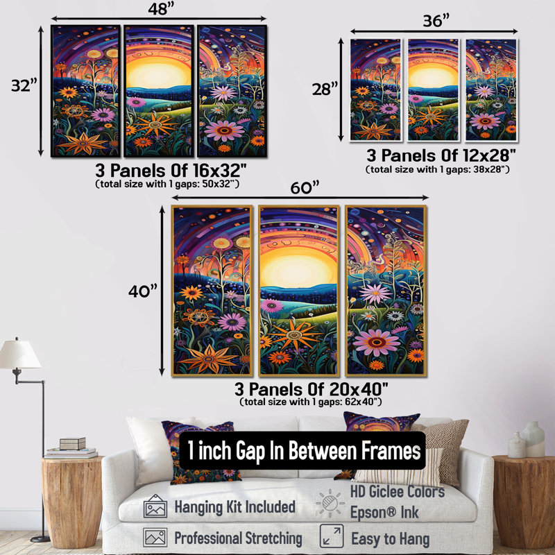 Rainbow Sunset, fleurs printanières colorées - ensemble d'art mural prairie, H 28 po x l 36 po x P 1 po, Cadre flottant brun