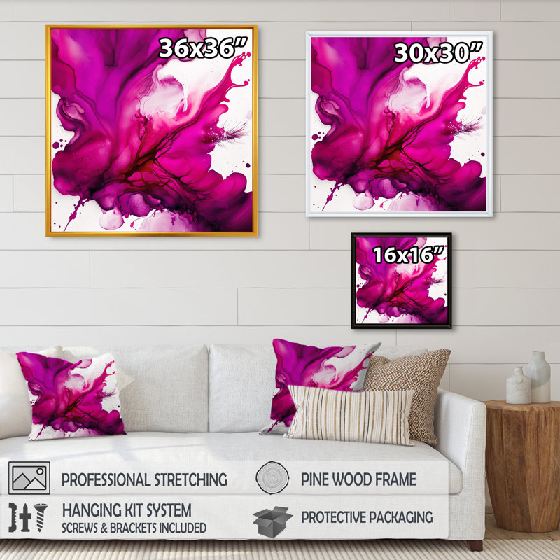 Ancient Mystery In Viva Magenta II - Abstract Liquid Ink Wall Art, Black, Floater Framed Canvas, 24" H x 24" W