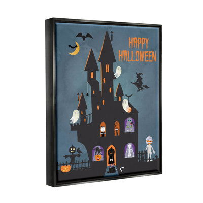 «Happy Halloween Haunted Ghost House» par Linda Birtel - cadre flottant, impression sur toile