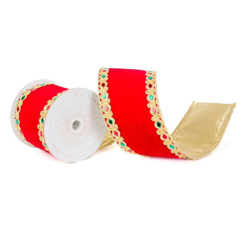 Vickerman 4"X10 Yds Red Velvet with Jeweled Gold Applique Trim and Gold Backing Ribbon.