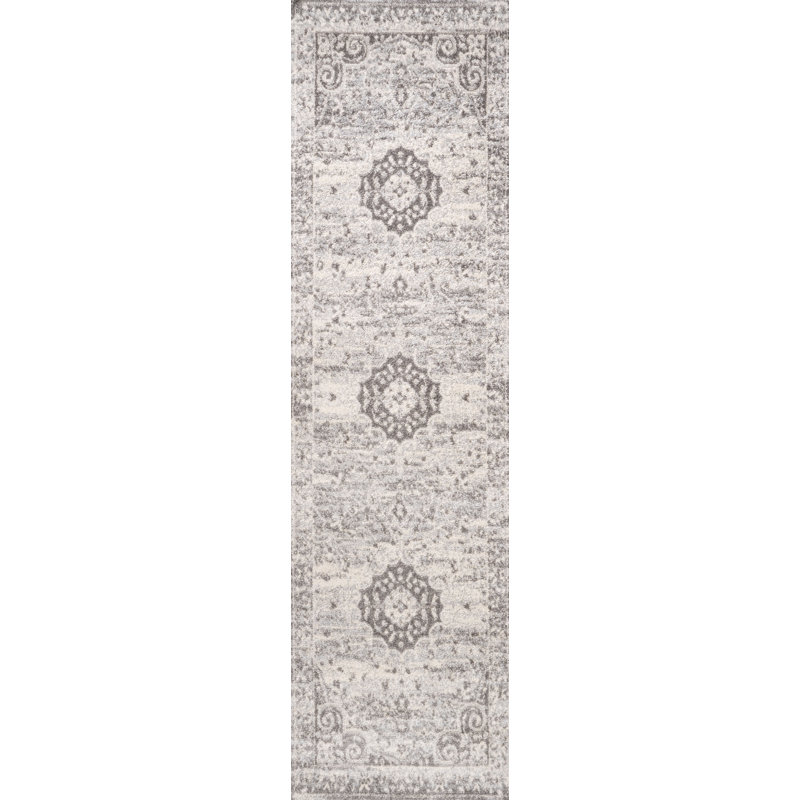 Droitwich Ornate Bohemian Medallion Gray/Cream Rug, Runner 2'3" x 8'
