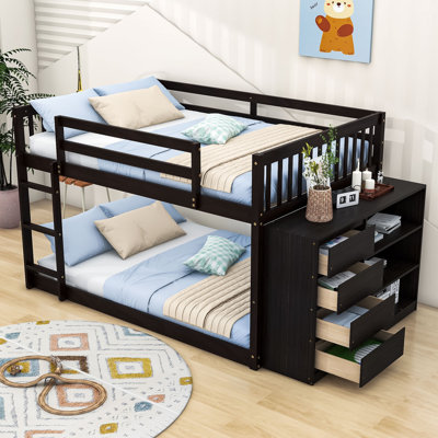 Lit superposé en bois avec tiroirs et tablettes de rangement