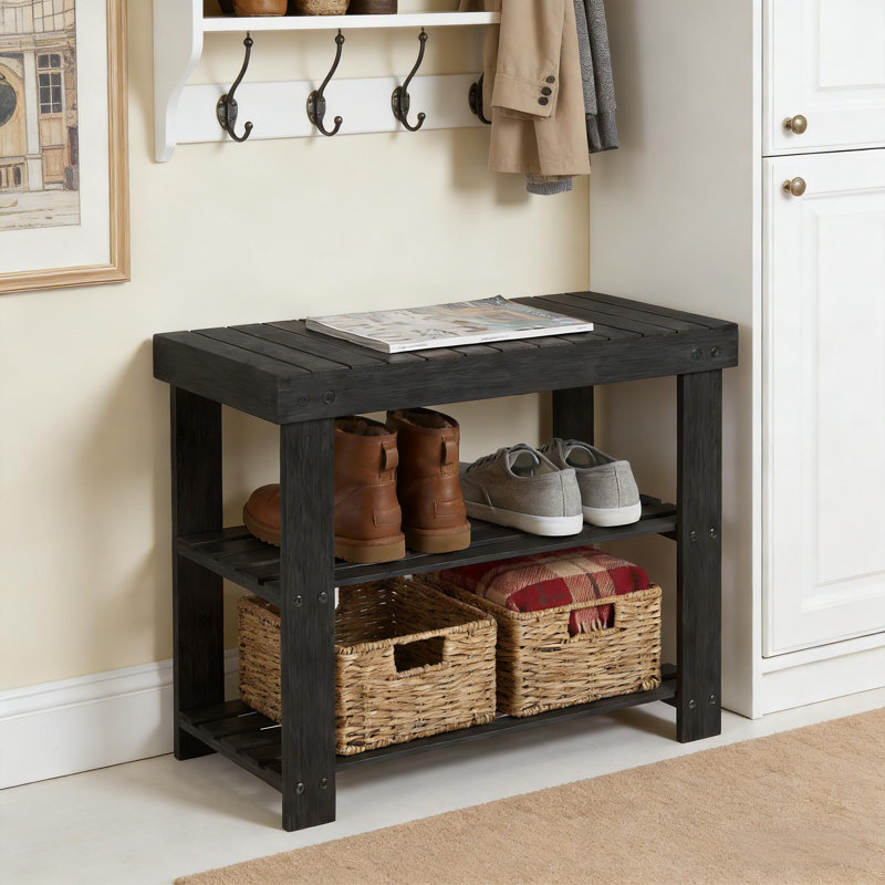 Bamboo Entryway Shoe Bench with 2-Tier Storage Shelf for Entryway and Living Room, Black