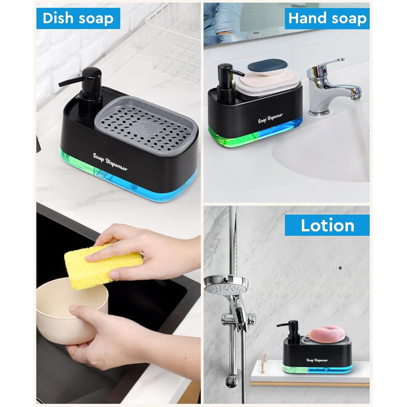 Distributeur de savon pour les mains et la vaisselle pour la cuisine, distributeur double avec porte-éponge, distributeur de savon à pompe 3 en 1 pour évier, accessoires de cuisine pratiques