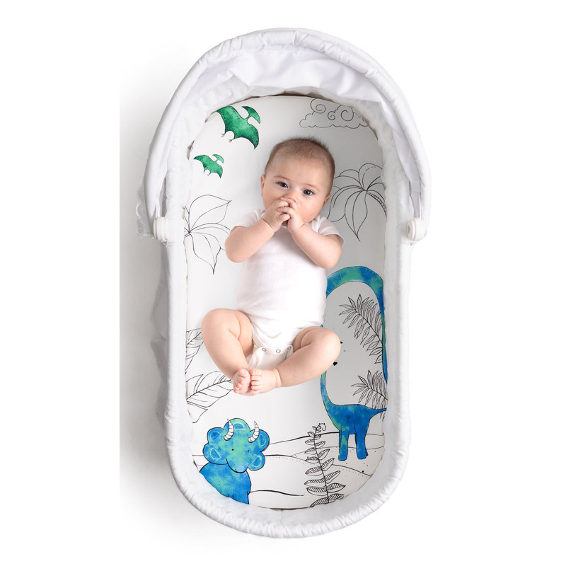 JumpOff Jo - Hypoallergenic Fitted Bassinet Sheet for Baby Boys & Girls - Rectangular, Hourglass & Oval Crib Compatible, Soft, Breathable, Machine Washable - Tiny Dino, Blue