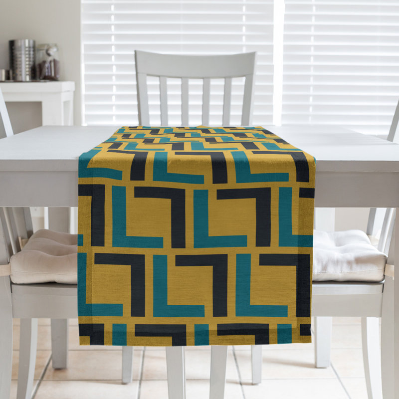 Chemin de table Carolina, 90 po x 16 po, Coton, Bleu sarcelle / blanc / or