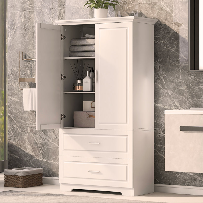 Armoire de rangement haute pour salle de bain, armoire avec deux portes et tiroirs, tablette réglable, panneau de fibres à densité moyenne, blanc