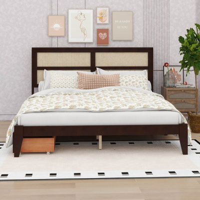 Wood Bed Frame With Rattan Headboard, 2 Storage Drawers